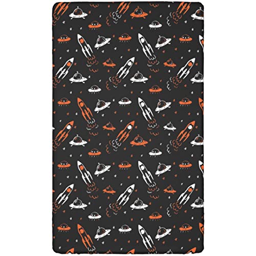 Space Themed Fitted Mini Crib Sheets,Portable Mini Crib Sheets Soft Toddler Mattress Sheet Fitted-Crib Mattress Sheet or Toddler Bed Sheet,24“ x38“,Orange White Black