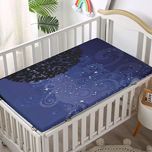 Starry Night Themed Fitted Mini Crib Sheets,Portable Mini Crib Sheets Soft & Stretchy Fitted Crib Sheet-Crib Mattress Sheet or Toddler Bed Sheet,24“ x38“,Charcoal Grey Indigo Black