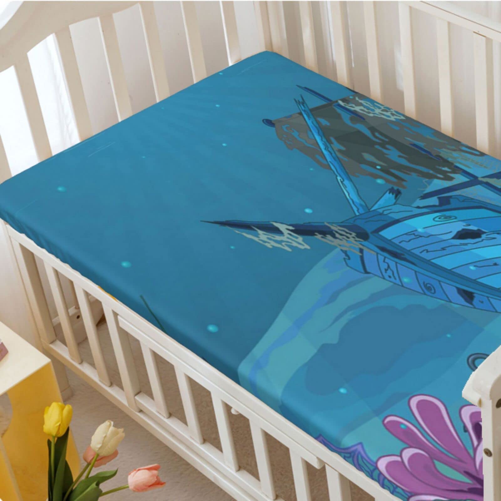 Reef Themed Fitted Mini Crib Sheets,Portable Mini Crib Sheets Toddler Bed Mattress Sheets-Baby Crib Sheets for Girl or Boy,24“ x38“,Sea Blue Ceil Blue