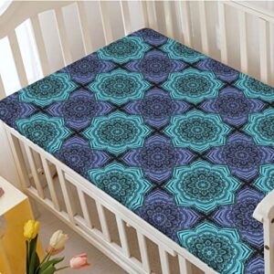 Retro Themed Fitted Mini Crib Sheets,Portable Mini Crib Sheets Ultra Soft Material-Baby Sheet for Boys Girls,24“ x38“,Lavender Blue Seafoam and Black