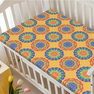 Rainbow Mandala Themed Fitted Mini Crib Sheets,Portable Mini Crib Sheets Ultra Soft Material-Baby Crib Sheets for Girl or Boy,24“ x38“,Multicolor