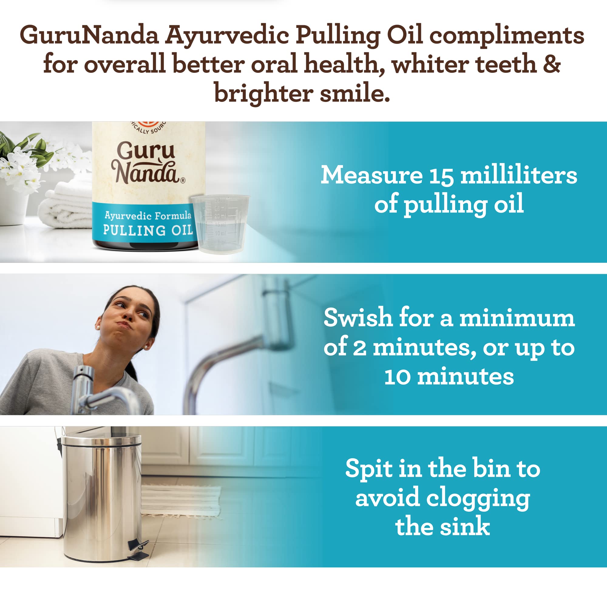 GuruNanda Original Oil Pulling Oil & Whitening Pulling Oil, Blend of Coconut & Pure Peppermint Oil - Ayurvedic, Alcohol & Fluoride Free, Vegan, Natural Mouthwash for Teeth Whitening & Fresh Breath