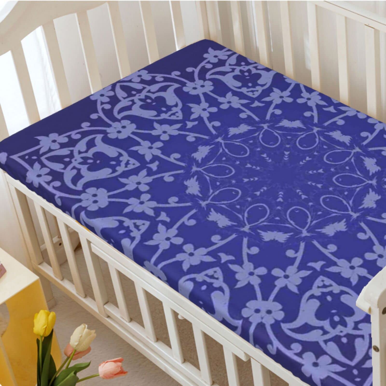 Purple Mandala Themed Fitted Crib Sheet,Standard Crib Mattress Fitted Sheet Ultra Soft Material-Baby Crib Sheets for Girl or Boy,28“ x52“,Lavender Blue Indigo