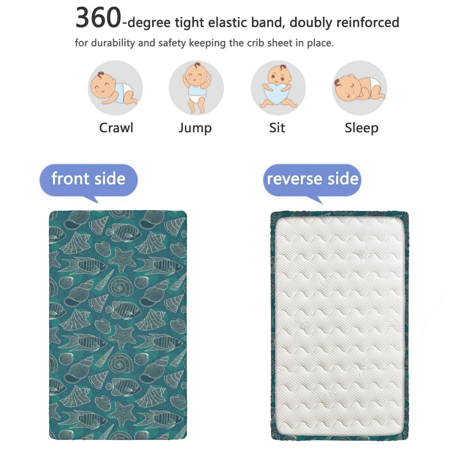 Sea Shells Themed Fitted Mini Crib Sheets,Portable Mini Crib Sheets Soft Toddler Mattress Sheet Fitted-Baby Crib Sheets for Girl or Boy,24“ x38“,Petrol Blue Beige Teal