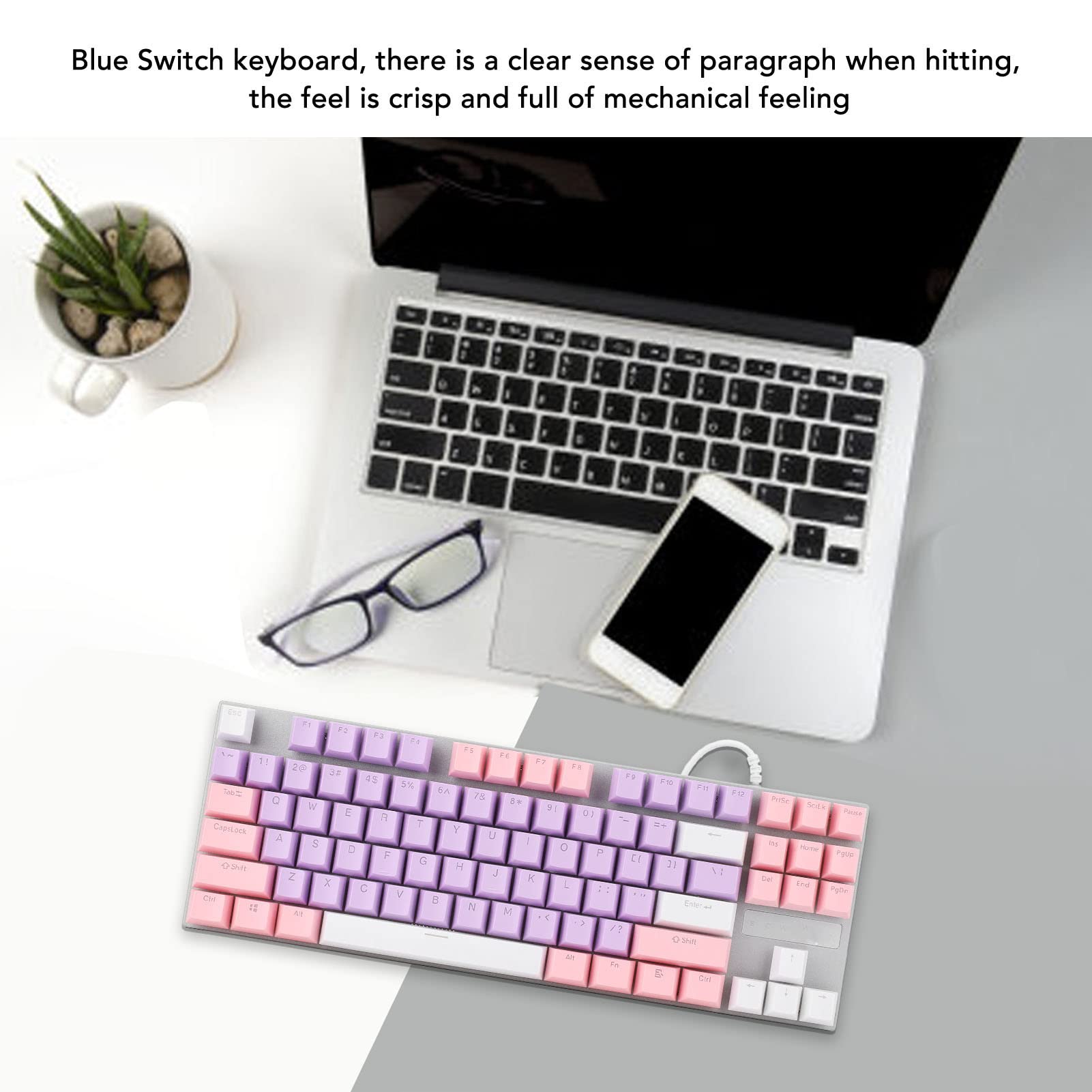 Blue Switch USB Wired Gaming Keyboard, Floating Key Structure with Splash Proof Drainage Holes, Conflict Free Design, 87 Key 26 RGB Color Mechanical Keyboard(Purple Pink White)