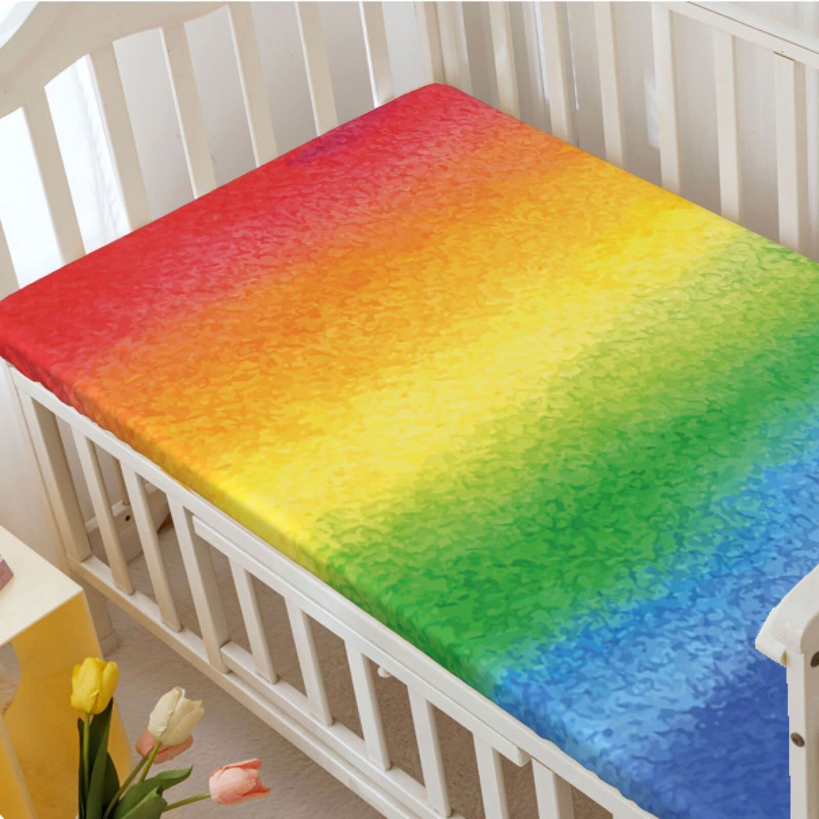 Rainbow Themed Fitted Mini Crib Sheets,Portable Mini Crib Sheets Soft and Breathable Bed Sheets-Baby Crib Sheets for Girl or Boy,24“ x38“,Multicolor