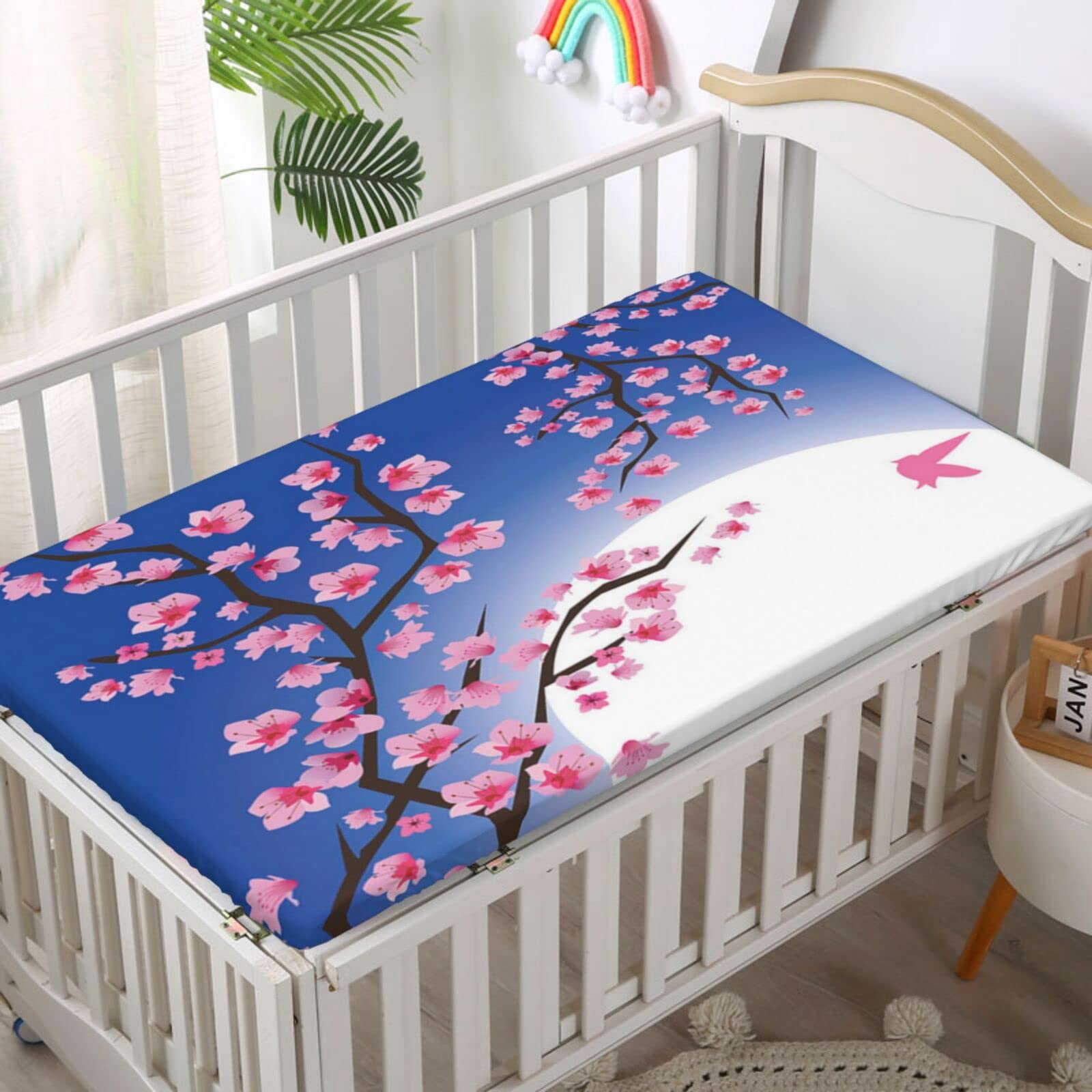 Spring Themed Fitted Mini Crib Sheets,Portable Mini Crib Sheets Soft and Breathable Bed Sheets-Baby Crib Sheets for Girl or Boy,24“ x38“,Cobalt Blue and Pastel Pink