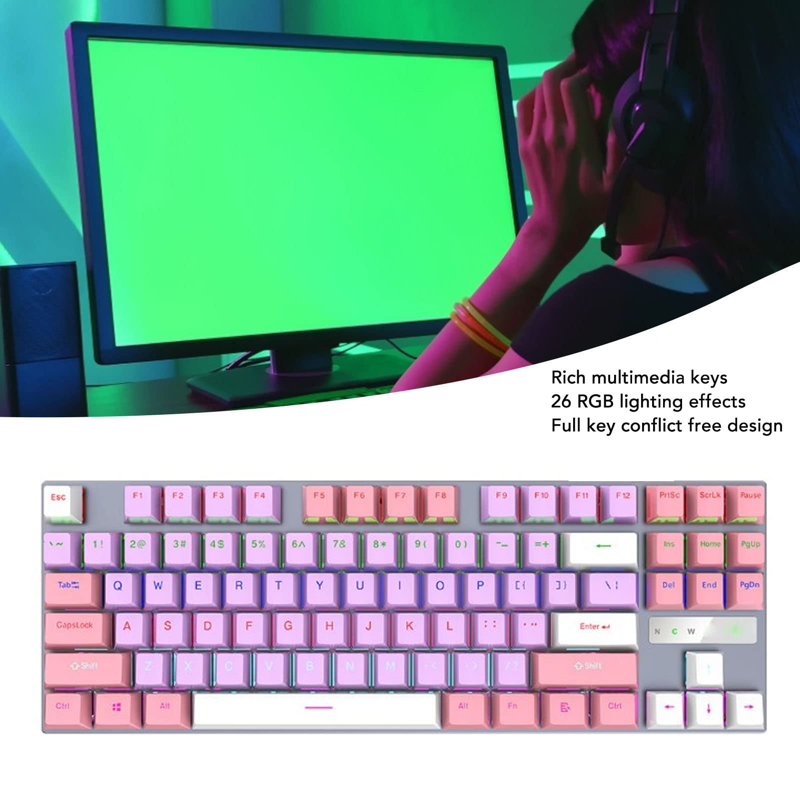 Blue Switch USB Wired Gaming Keyboard, Floating Key Structure with Splash Proof Drainage Holes, Conflict Free Design, 87 Key 26 RGB Color Mechanical Keyboard(Purple Pink White)