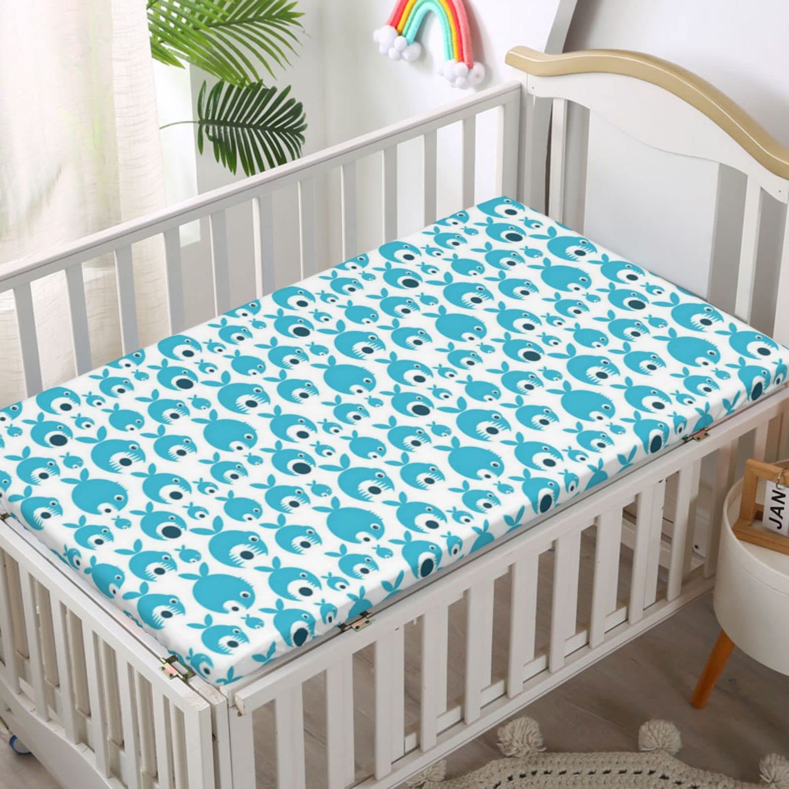 Shark Party Themed Fitted Crib Sheet,Standard Crib Mattress Fitted Sheet Soft and Breathable Bed Sheets-Baby Crib Sheets for Girl or Boy,28“ x52“,Sky Blue Dark Teal