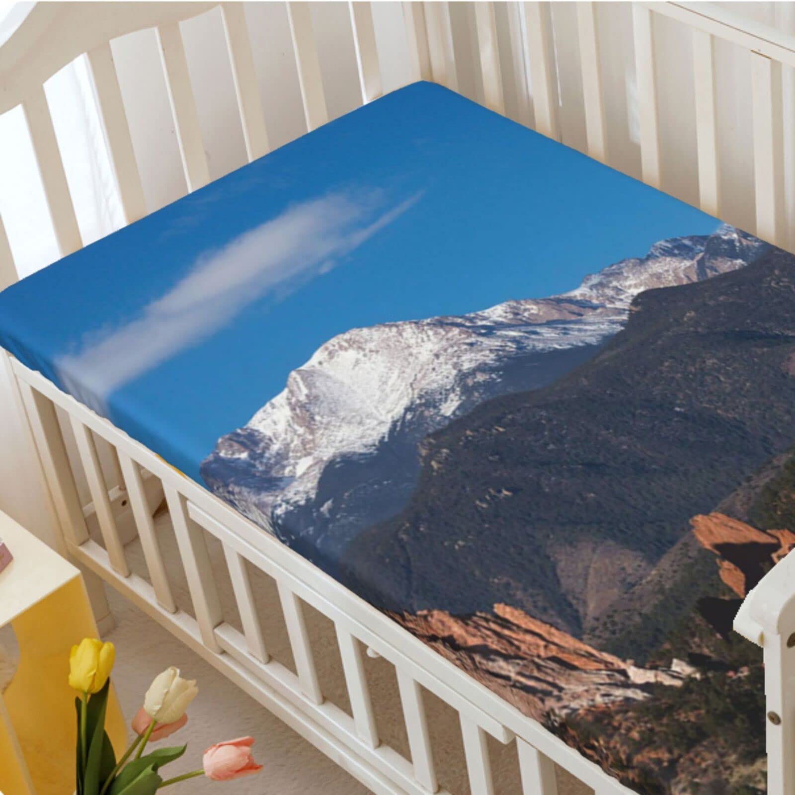 Snow Mountain sceneryr Themed Fitted Mini Crib Sheets,Portable Mini Crib Sheets Soft & Stretchy Fitted Crib Sheet-Crib Mattress Sheet or Toddler Bed Sheet,24“ x38“,Blue Evergreen Pale Rust