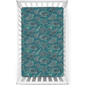 sea shells themed fitted mini crib sheets,portable mini crib sheets soft toddler mattress sheet fitted-baby crib sheets for girl or boy,24“ x38“,petrol blue beige teal