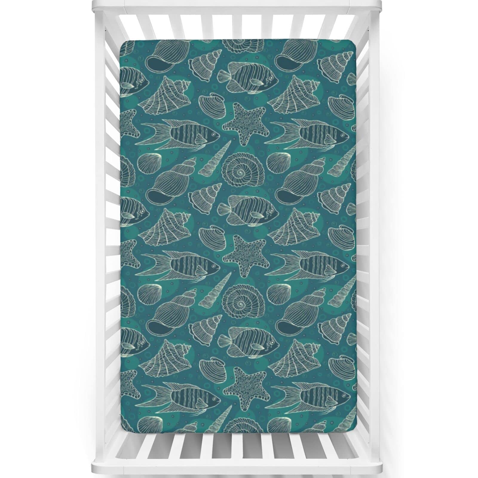 Sea Shells Themed Fitted Mini Crib Sheets,Portable Mini Crib Sheets Soft Toddler Mattress Sheet Fitted-Baby Crib Sheets for Girl or Boy,24“ x38“,Petrol Blue Beige Teal