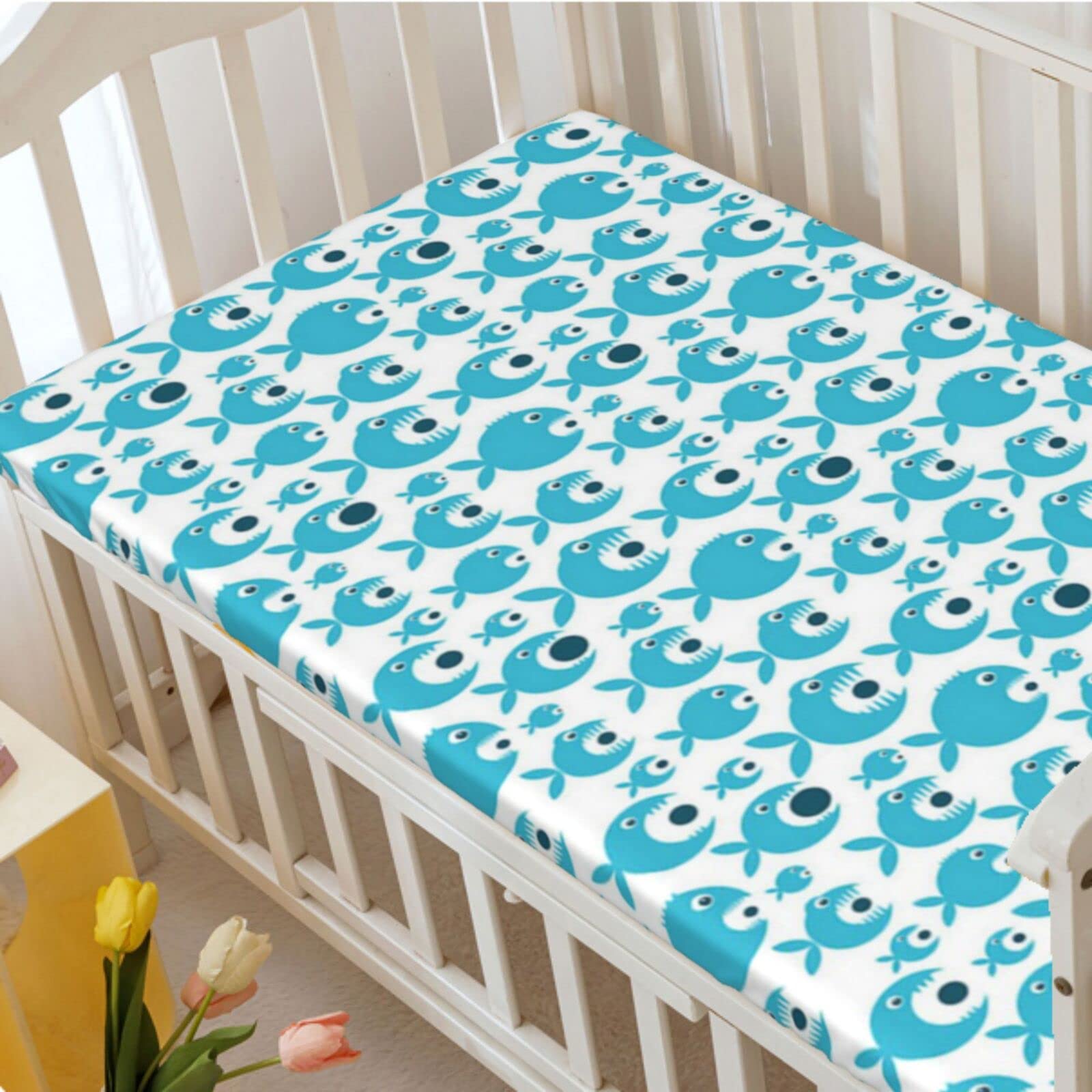 Shark Party Themed Fitted Crib Sheet,Standard Crib Mattress Fitted Sheet Soft and Breathable Bed Sheets-Baby Crib Sheets for Girl or Boy,28“ x52“,Sky Blue Dark Teal