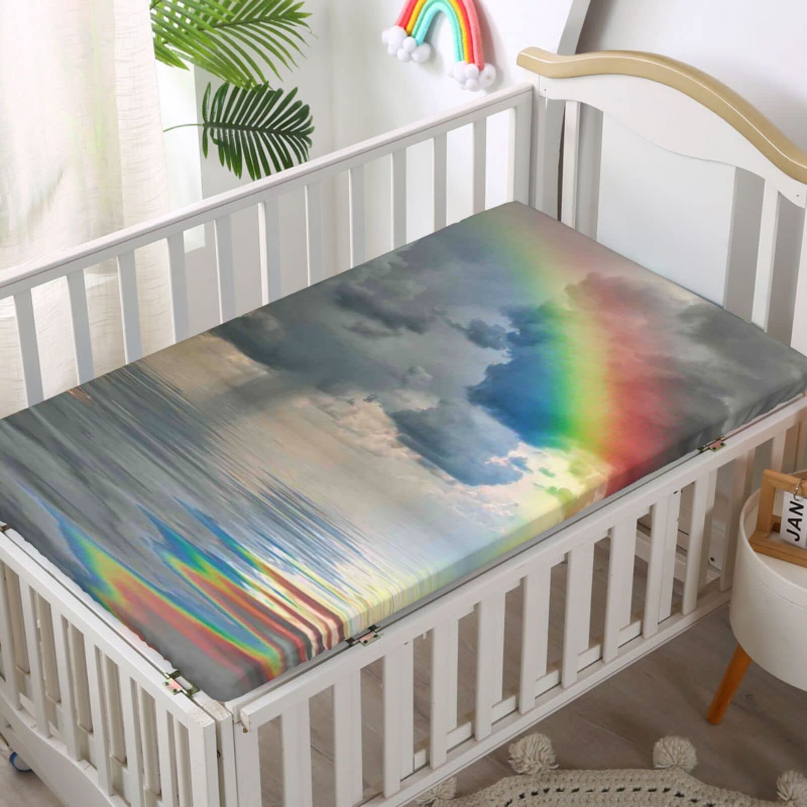 Rainbow Themed Fitted Crib Sheet,Standard Crib Mattress Fitted Sheet Toddler Bed Mattress Sheets-Baby Sheet for Boys Girls,28“ x52“,Pale Grey Multicolor