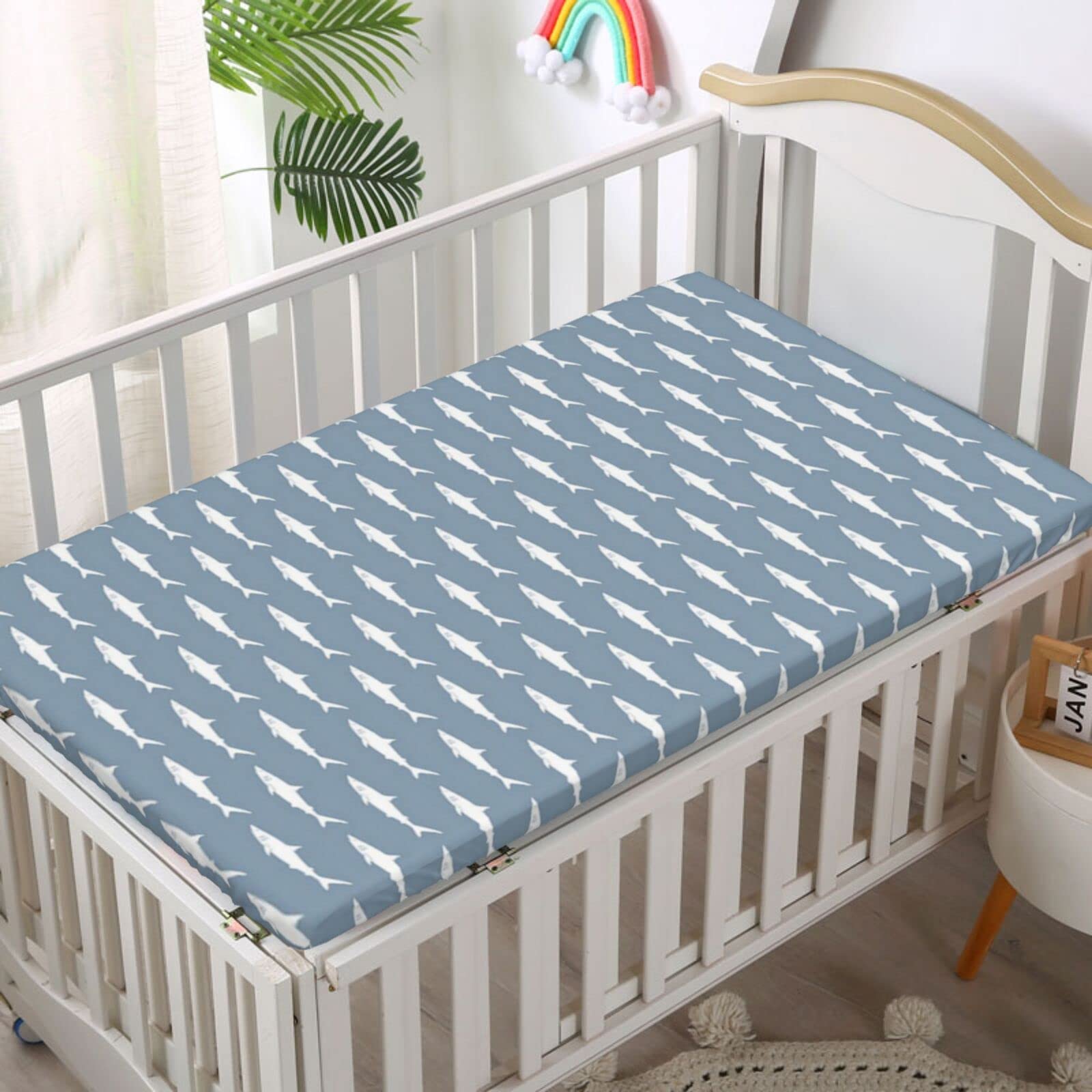 Shark Party Themed Fitted Crib Sheet,Standard Crib Mattress Fitted Sheet Soft Toddler Mattress Sheet Fitted-Great for Boy or Girl Room or Nursery,28“ x52“,Blue Grey and White