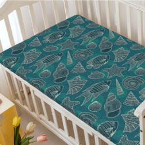 Sea Shells Themed Fitted Mini Crib Sheets,Portable Mini Crib Sheets Soft Toddler Mattress Sheet Fitted-Baby Crib Sheets for Girl or Boy,24“ x38“,Petrol Blue Beige Teal