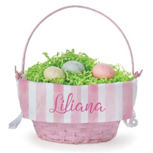 personalized easter egg basket with handle and custom name | pink striped easter basket liners | pink basket | woven easter baskets for kids | customized easter basket | personalized gifts for easter