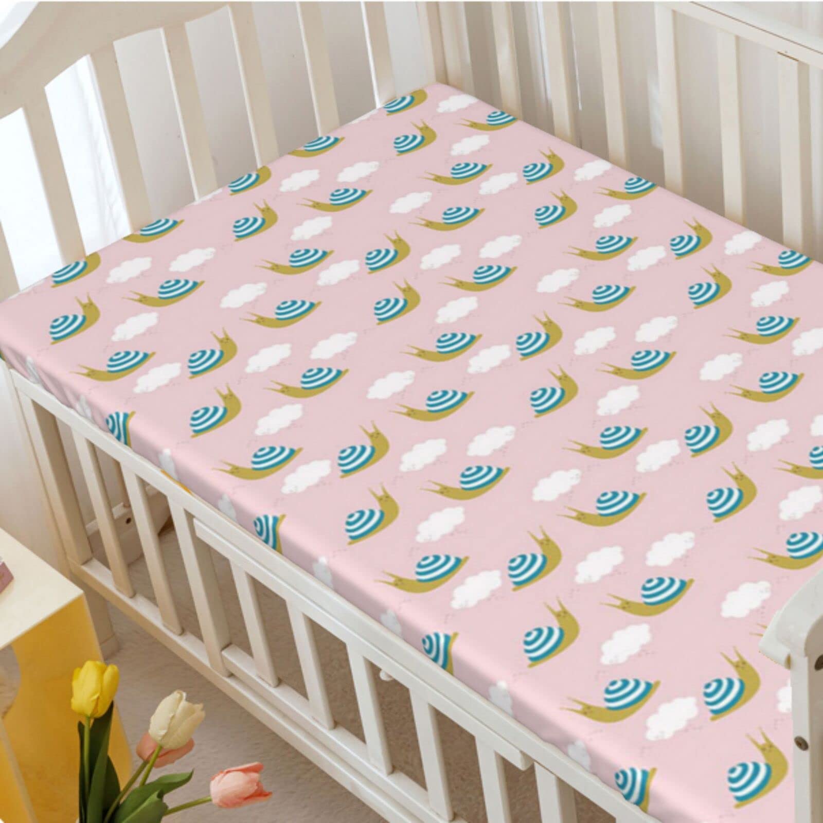 Snail Themed Fitted Mini Crib Sheets,Portable Mini Crib Sheets Toddler Bed Mattress Sheets-Crib Mattress Sheet or Toddler Bed Sheet,24“ x38“,Rose Sea Blue and Fawn