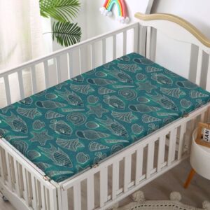 Sea Shells Themed Fitted Mini Crib Sheets,Portable Mini Crib Sheets Soft Toddler Mattress Sheet Fitted-Baby Crib Sheets for Girl or Boy,24“ x38“,Petrol Blue Beige Teal