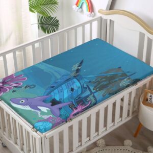 Reef Themed Fitted Mini Crib Sheets,Portable Mini Crib Sheets Toddler Bed Mattress Sheets-Baby Crib Sheets for Girl or Boy,24“ x38“,Sea Blue Ceil Blue