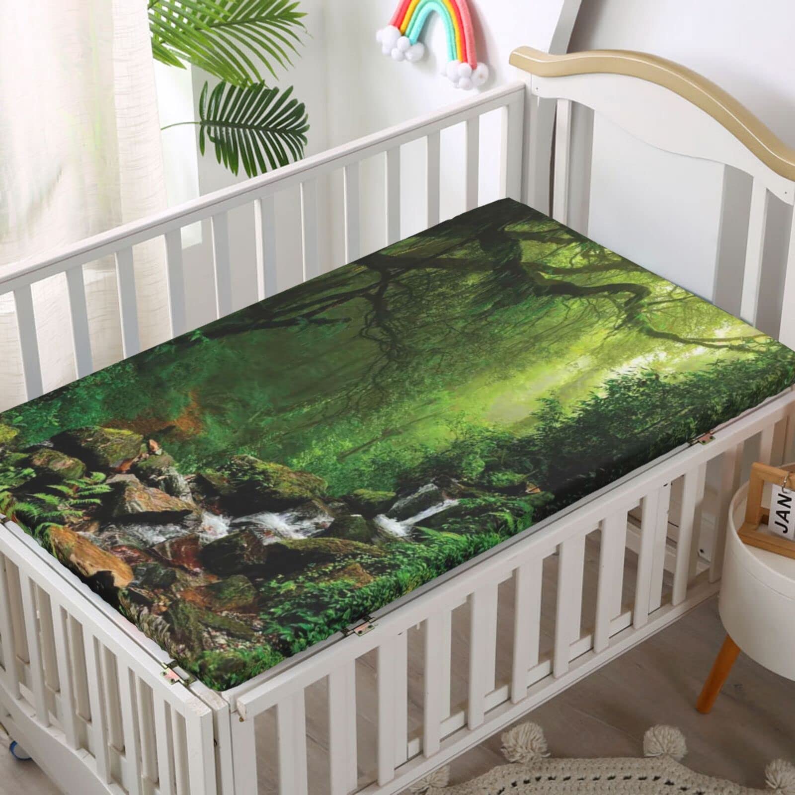 Rainforest Themed Fitted Mini Crib Sheets,Portable Mini Crib Sheets Ultra Soft Material-Baby Sheet for Boys Girls,24“ x38“,Green Brown