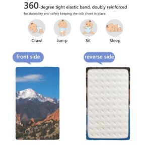 Snow Mountain sceneryr Themed Fitted Mini Crib Sheets,Portable Mini Crib Sheets Soft & Stretchy Fitted Crib Sheet-Crib Mattress Sheet or Toddler Bed Sheet,24“ x38“,Blue Evergreen Pale Rust