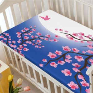 Spring Themed Fitted Mini Crib Sheets,Portable Mini Crib Sheets Soft and Breathable Bed Sheets-Baby Crib Sheets for Girl or Boy,24“ x38“,Cobalt Blue and Pastel Pink