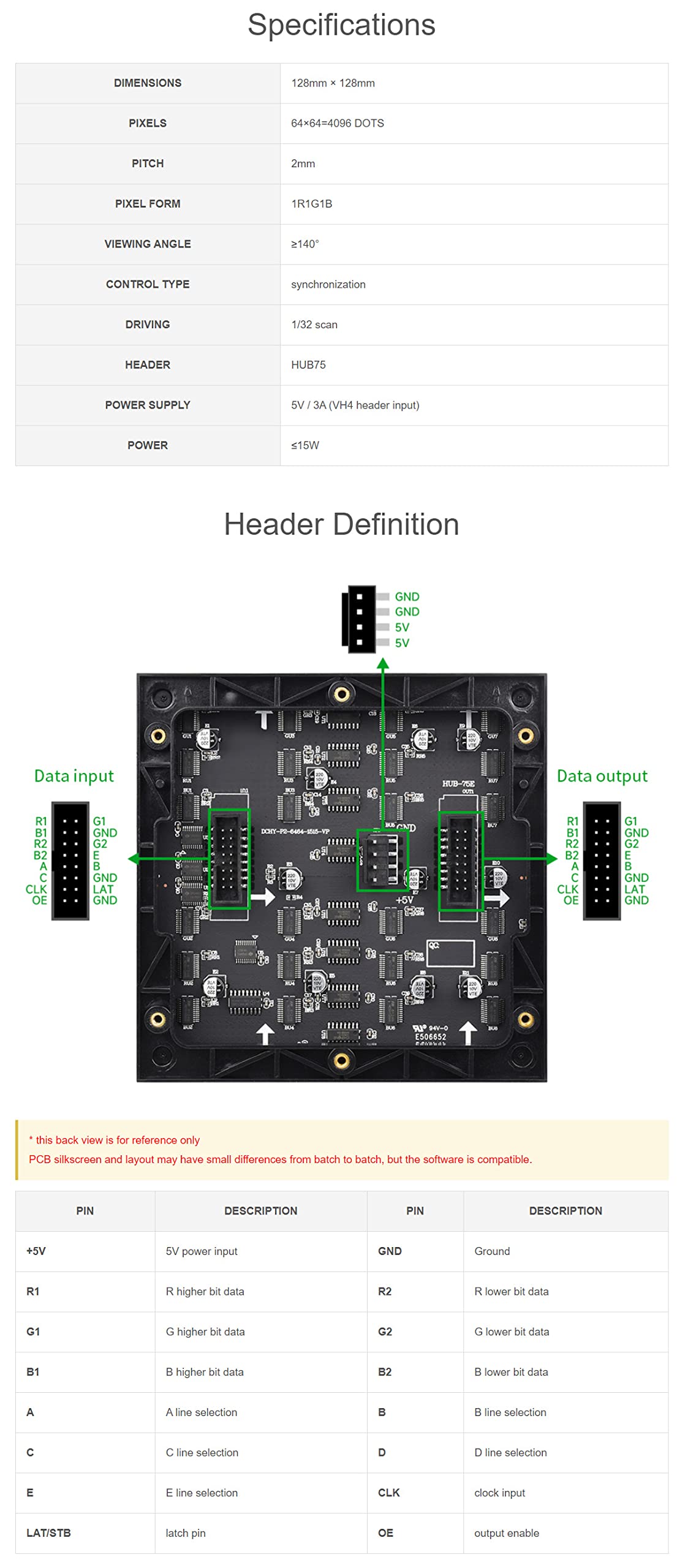 RGB Full-Color LED Matrix Panel, 64×64 RGB LED Matrix Panel - 2mm Pitch for for Raspberry Pi 4B+ 4B 3B+ 3B 2B+ Zero W WH 2 W Pico ESP32 Ardui Adjustable Brightness