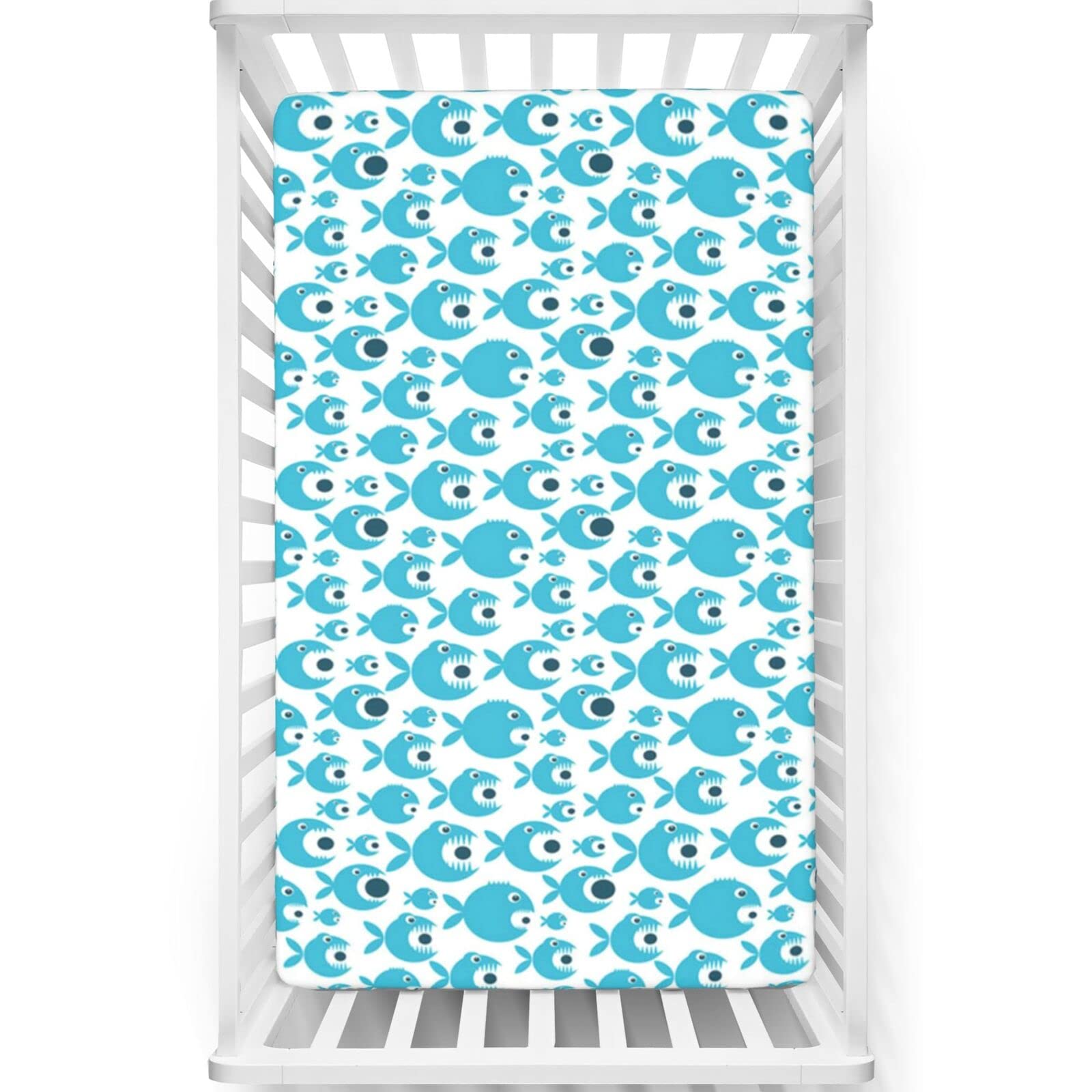 Shark Party Themed Fitted Crib Sheet,Standard Crib Mattress Fitted Sheet Soft and Breathable Bed Sheets-Baby Crib Sheets for Girl or Boy,28“ x52“,Sky Blue Dark Teal