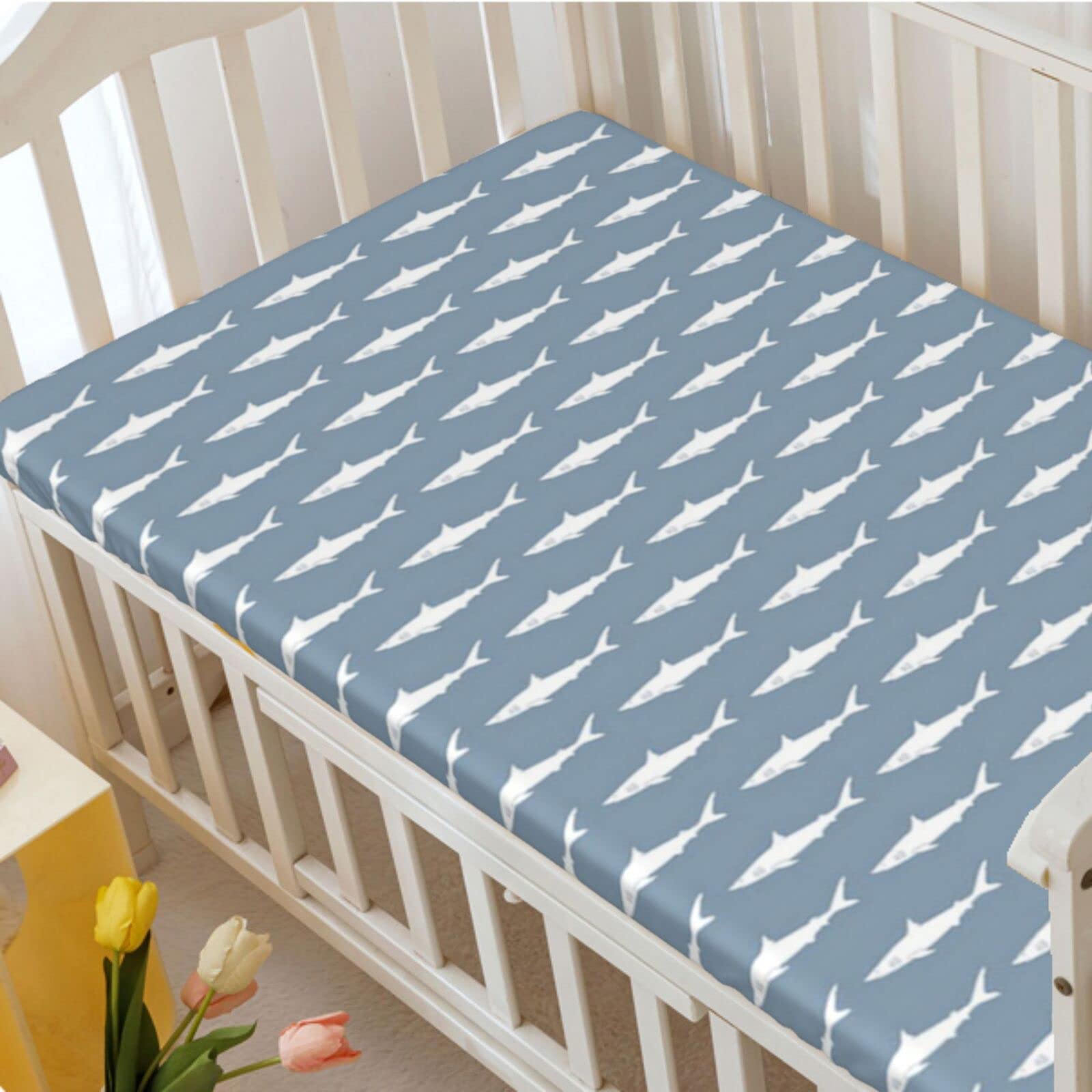 Shark Party Themed Fitted Crib Sheet,Standard Crib Mattress Fitted Sheet Soft Toddler Mattress Sheet Fitted-Great for Boy or Girl Room or Nursery,28“ x52“,Blue Grey and White