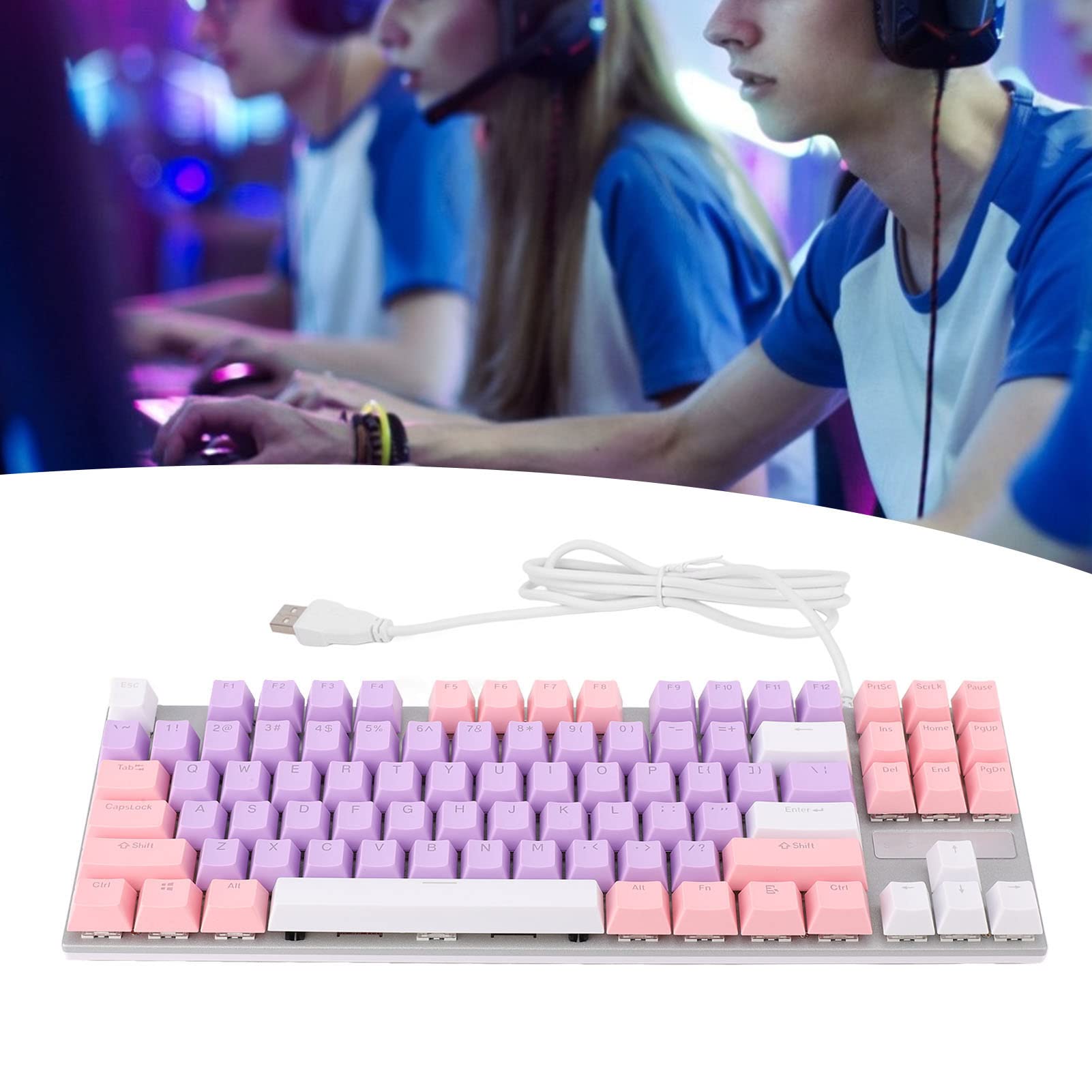 Blue Switch USB Wired Gaming Keyboard, Floating Key Structure with Splash Proof Drainage Holes, Conflict Free Design, 87 Key 26 RGB Color Mechanical Keyboard(Purple Pink White)