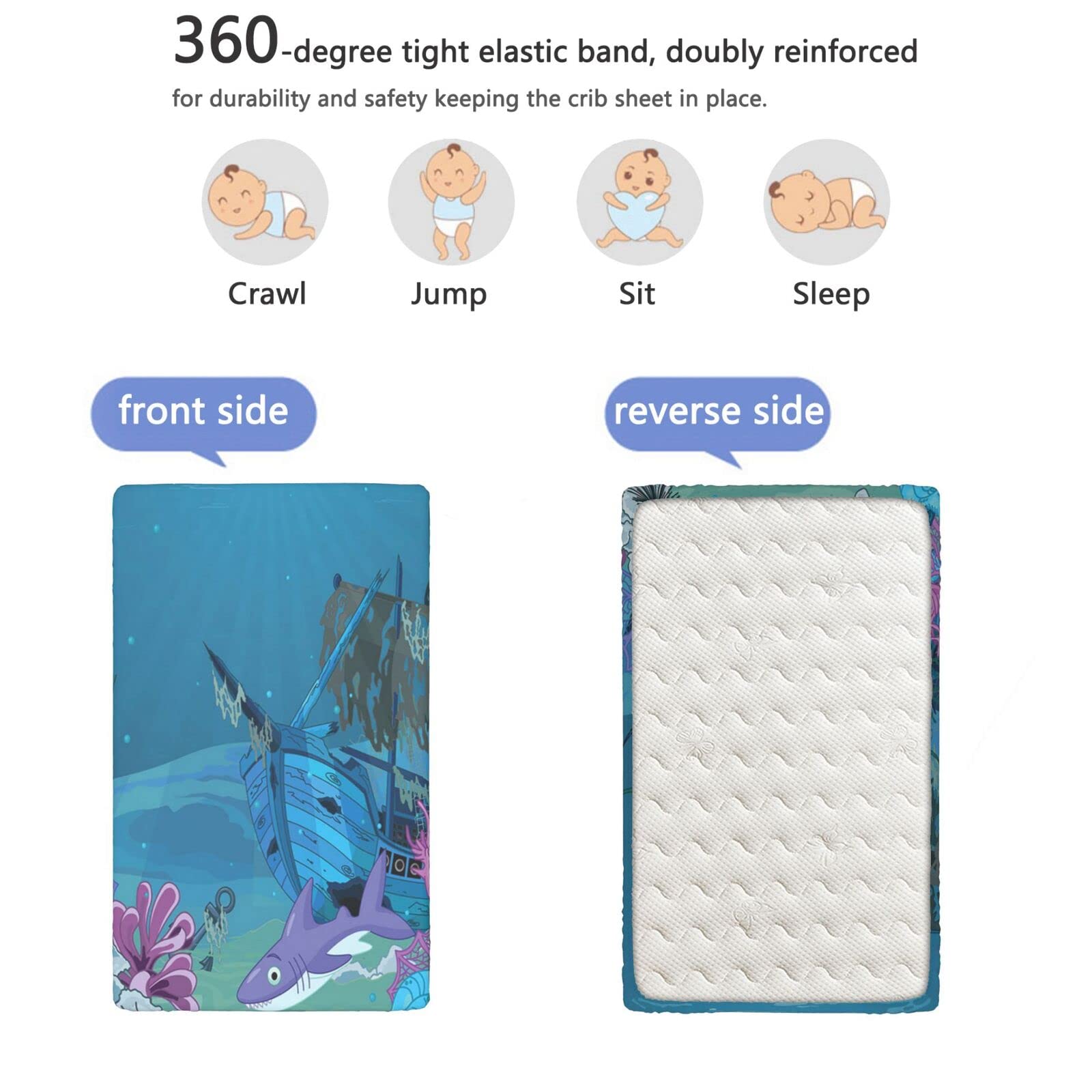 Reef Themed Fitted Mini Crib Sheets,Portable Mini Crib Sheets Toddler Bed Mattress Sheets-Baby Crib Sheets for Girl or Boy,24“ x38“,Sea Blue Ceil Blue