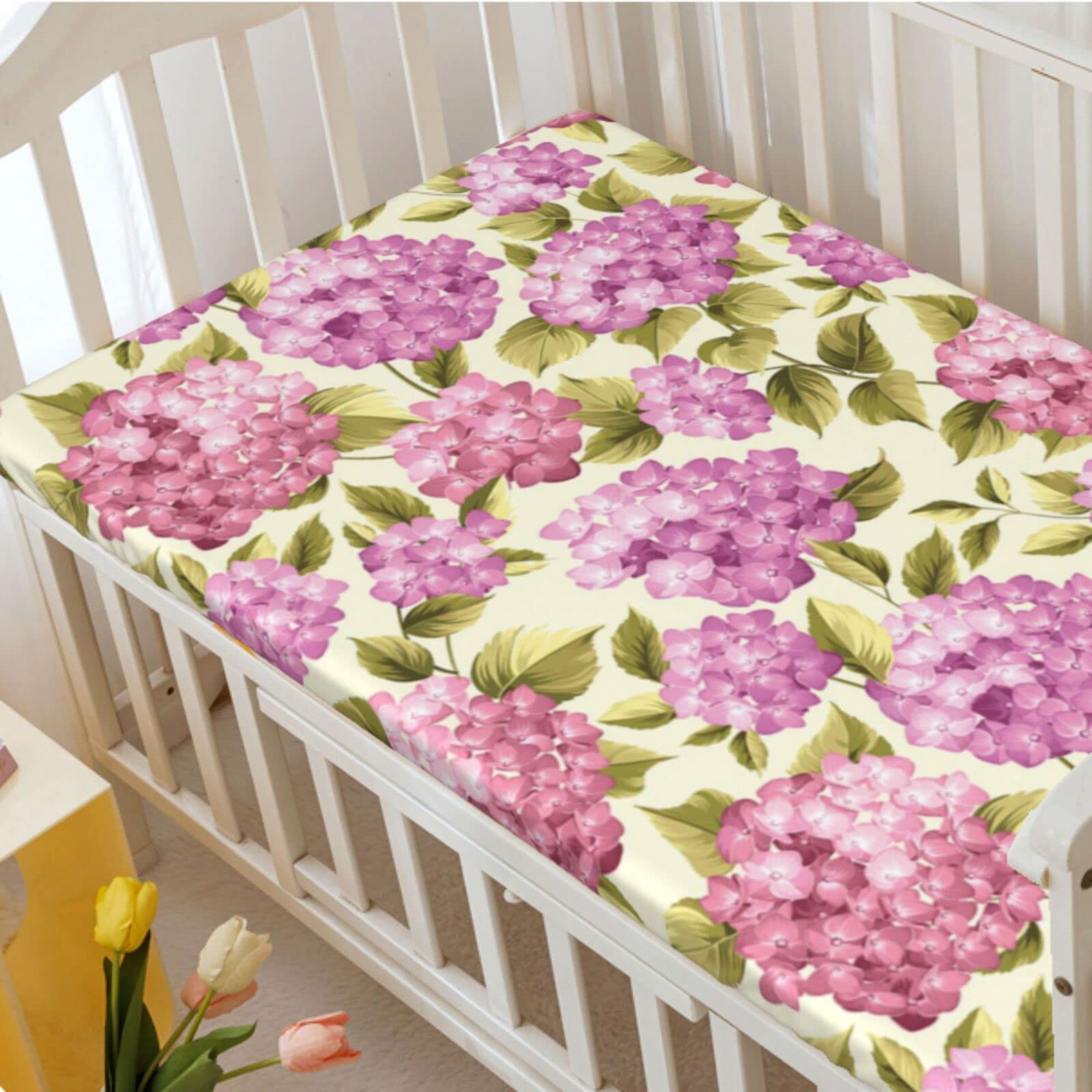 Shabby Flora Themed Fitted Mini Crib Sheets,Portable Mini Crib Sheets Soft and Breathable Bed Sheets-Great for Boy or Girl Room or Nursery,24“ x38“,Pale Green Baby Pink Cream Lilac