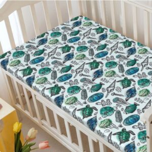 Sea Turtle Themed Fitted Crib Sheet,Standard Crib Mattress Fitted Sheet Soft Toddler Mattress Sheet Fitted-Crib Mattress Sheet or Toddler Bed Sheet,28“ x52“,Baby Blue Black Multicolor