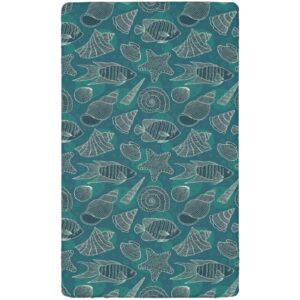 Sea Shells Themed Fitted Mini Crib Sheets,Portable Mini Crib Sheets Soft Toddler Mattress Sheet Fitted-Baby Crib Sheets for Girl or Boy,24“ x38“,Petrol Blue Beige Teal