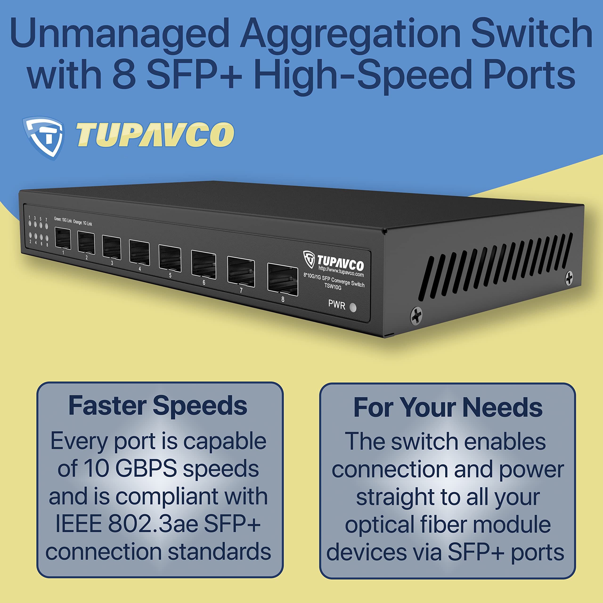 10GB SFP+ Switch (8 Port - Unmmanaged) - 10 Gigabit Ethernet at 8 Small Form-Factor Pluggable Slot for Fiber Optic (Optical Cable) Network or LAN (RJ45/CAT6+) Transceiver Devices - Tupavco TP1910