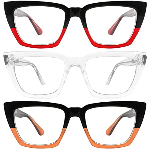 3 Pack Oprah Style Oversized Reading Glasses for Women, Blue Light Blocking Computer Readers, Anti UV Ray/Eye Strain/Glare Cat Eye Eyeglasses with Pouches