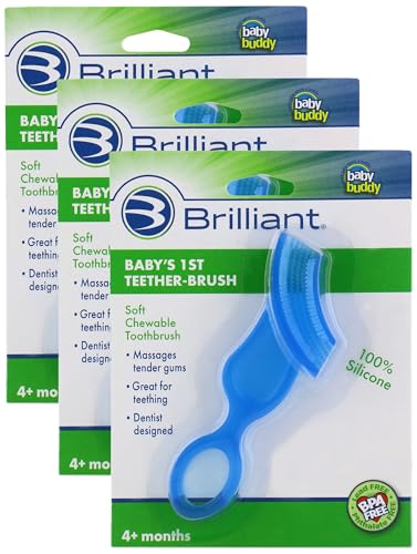 Brilliant Baby’s 1st Toothbrush - Silicone First Toothbrush for Babies and Toddlers, 4 Months Old and Up, Oral Care Must Haves for Infant and Toddler, Baby Registry Essentials, Blue, 1 (Pack of 3)