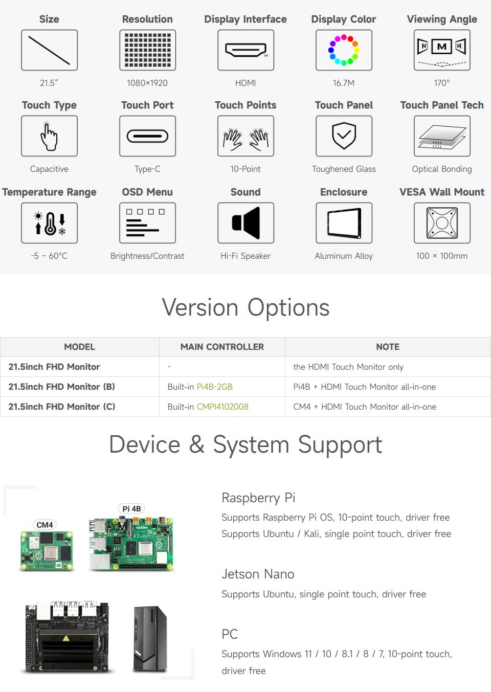 waveshare 21.5inch Capacitive Touch Monitor, 1080×1920 Full HD, Compatible with Raspberry Pi/Jetson Nano/PC-Monitor Only