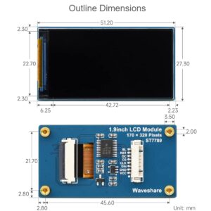 waveshare 1.9inch LCD Display Module 170×320 Resolution 262K Display Colors IPS Screen for Raspberry Pi, Arduino, STM32,Embedded ST7789V2 Driver Chip,SPI Interface