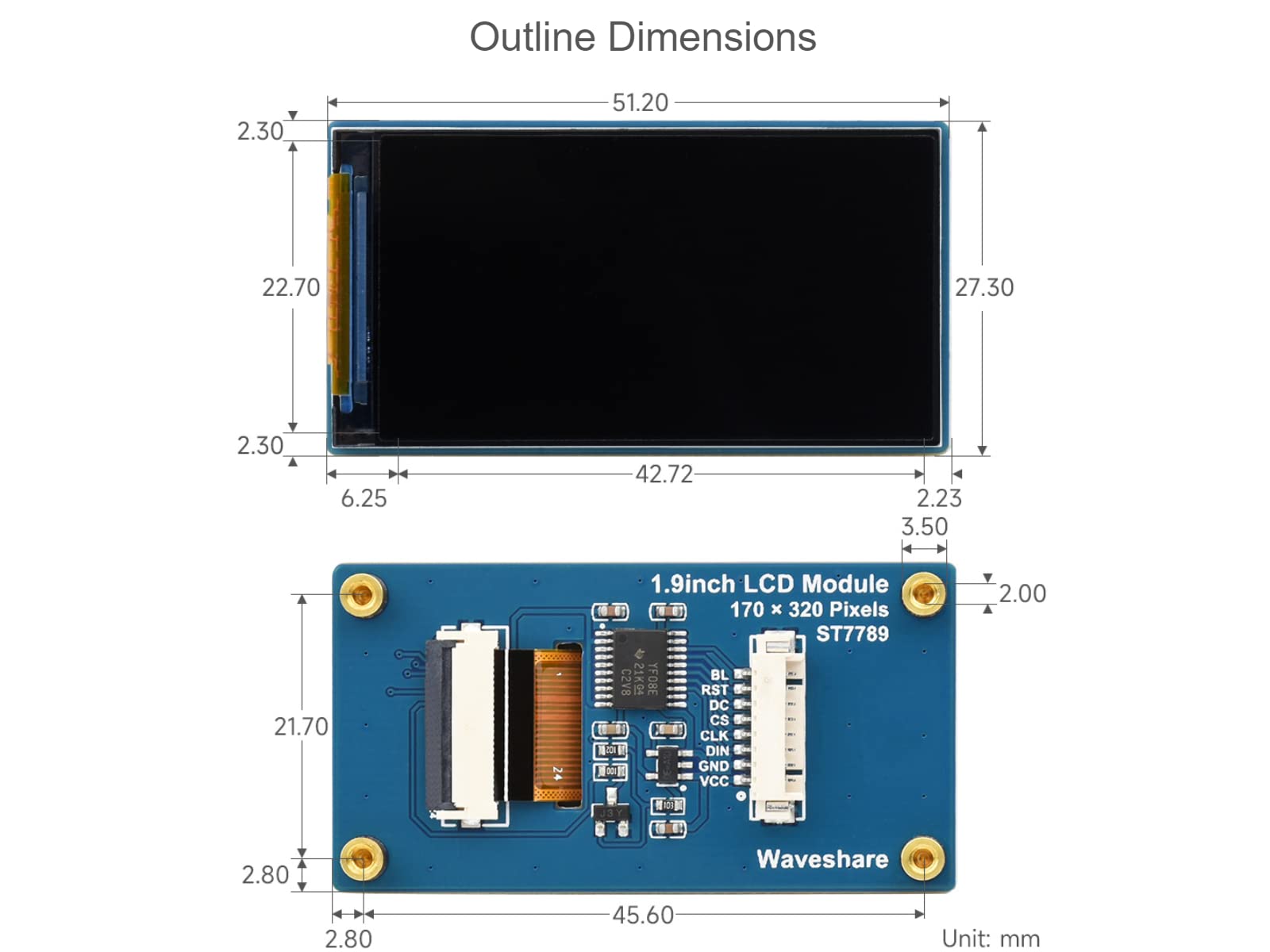 waveshare 1.9inch LCD Display Module 170×320 Resolution 262K Display Colors IPS Screen for Raspberry Pi, Arduino, STM32,Embedded ST7789V2 Driver Chip,SPI Interface