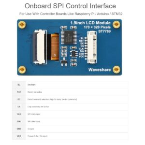 waveshare 1.9inch LCD Display Module 170×320 Resolution 262K Display Colors IPS Screen for Raspberry Pi, Arduino, STM32,Embedded ST7789V2 Driver Chip,SPI Interface