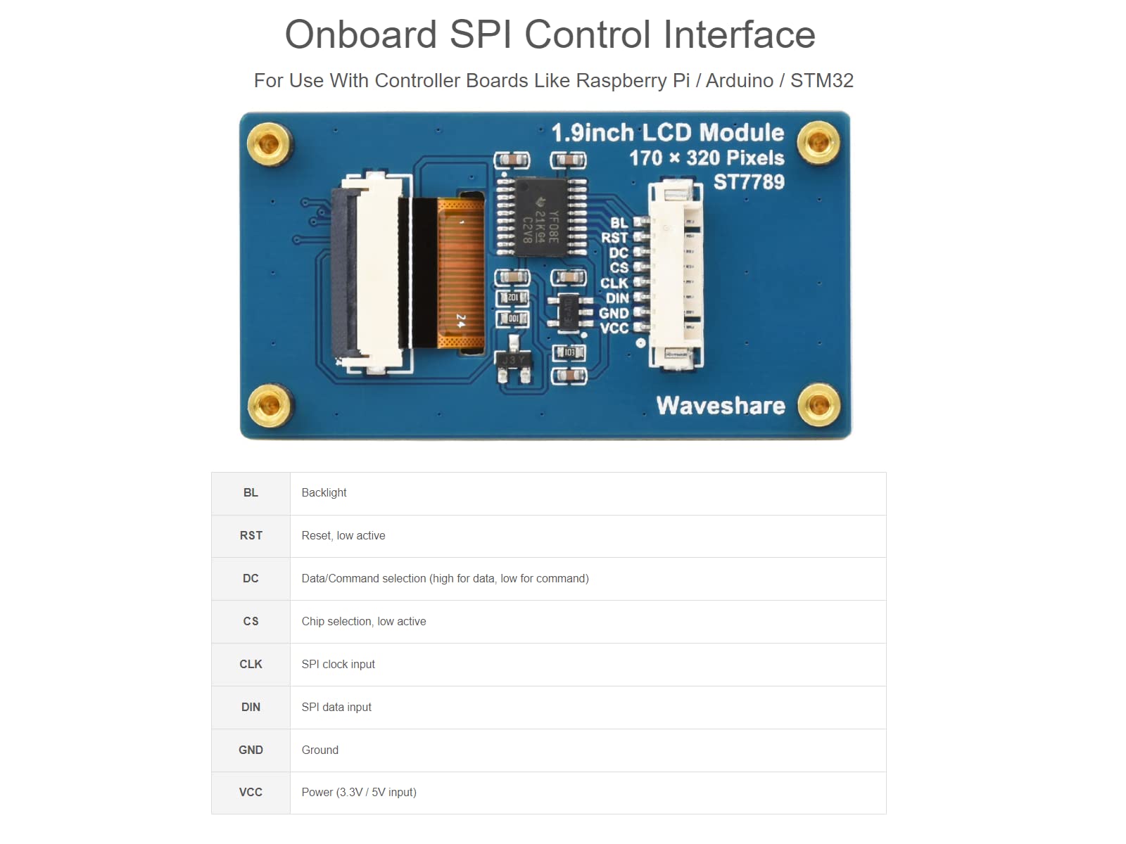 waveshare 1.9inch LCD Display Module 170×320 Resolution 262K Display Colors IPS Screen for Raspberry Pi, Arduino, STM32,Embedded ST7789V2 Driver Chip,SPI Interface