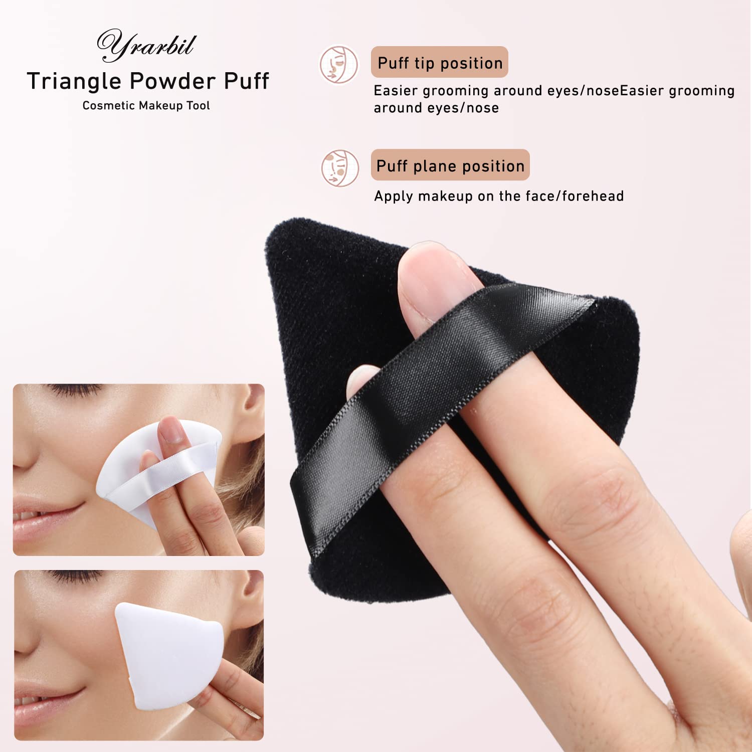 Yrarbil 10 Pieces Triangle Powder Puff, Soft Velour Puff Face Makeup Puff for Loose/Body/Mineral Powder, Wet and Dry Dual-use, with Travel Storage Box (Black)