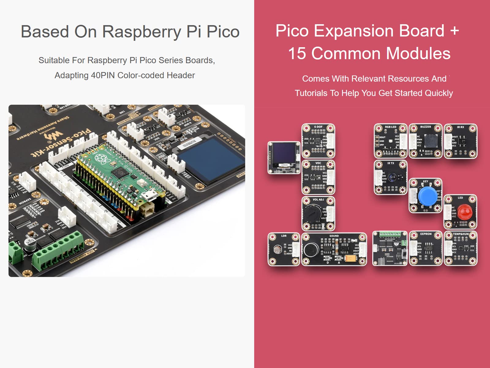 waveshare Sensor Kit for Raspberry Pi Pico W, Including Pico Expansion Board, and LED, Button, Buzzer, etc. 15 Common Modules, All-in-one Design, with Raspberry Pi Pico W