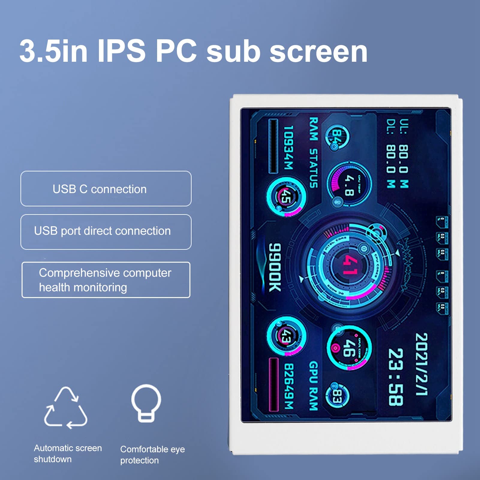 Computer Temp Monitor, 3.5in Full View Display PC Temp Monitor Eye Real Time Data Monitoring Small Screen for AIDA64 PC CPU Hard Disk Data Monitor (White)