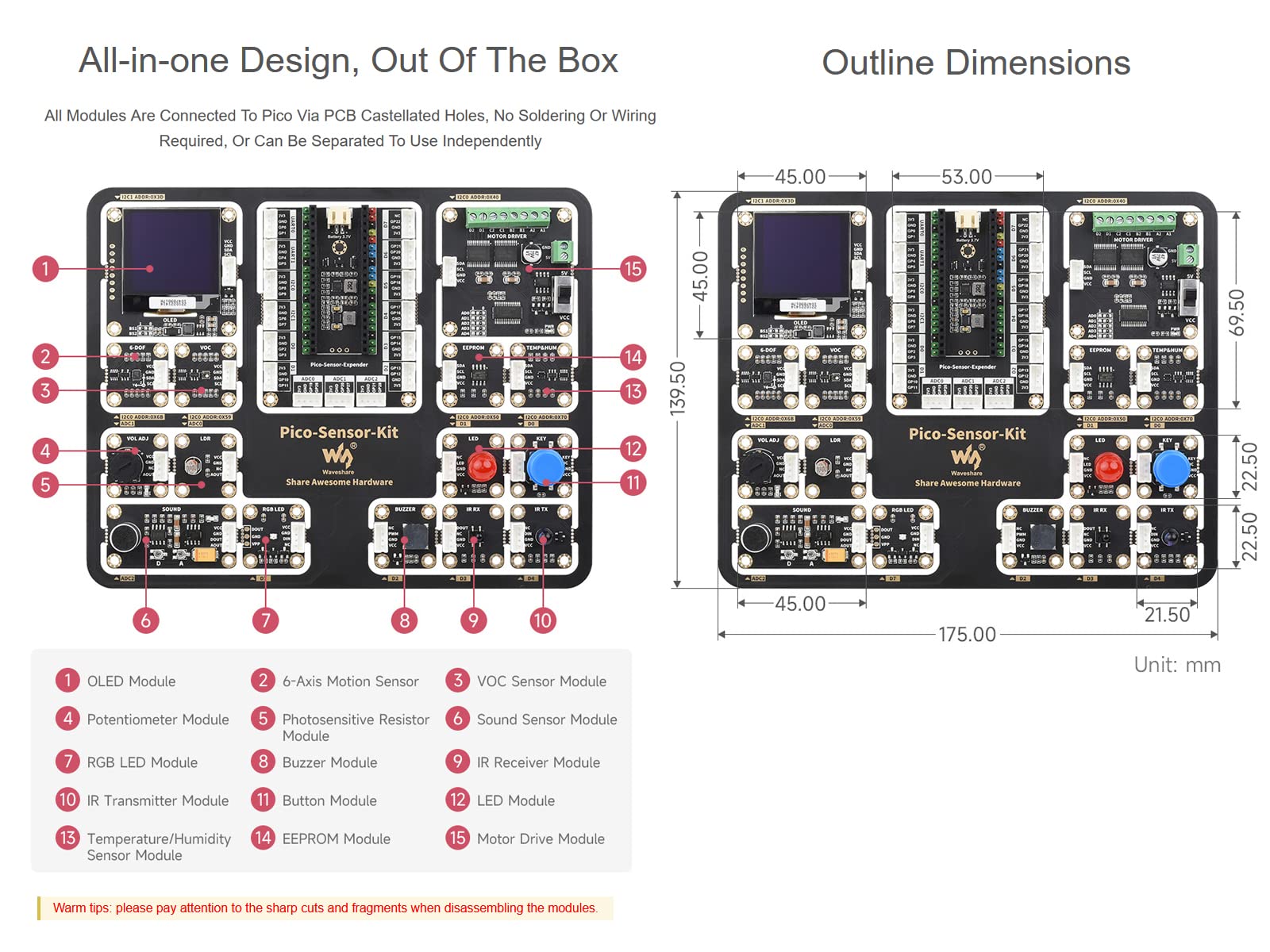 waveshare Sensor Kit for Raspberry Pi Pico W, Including Pico Expansion Board, and LED, Button, Buzzer, etc. 15 Common Modules, All-in-one Design, with Raspberry Pi Pico W