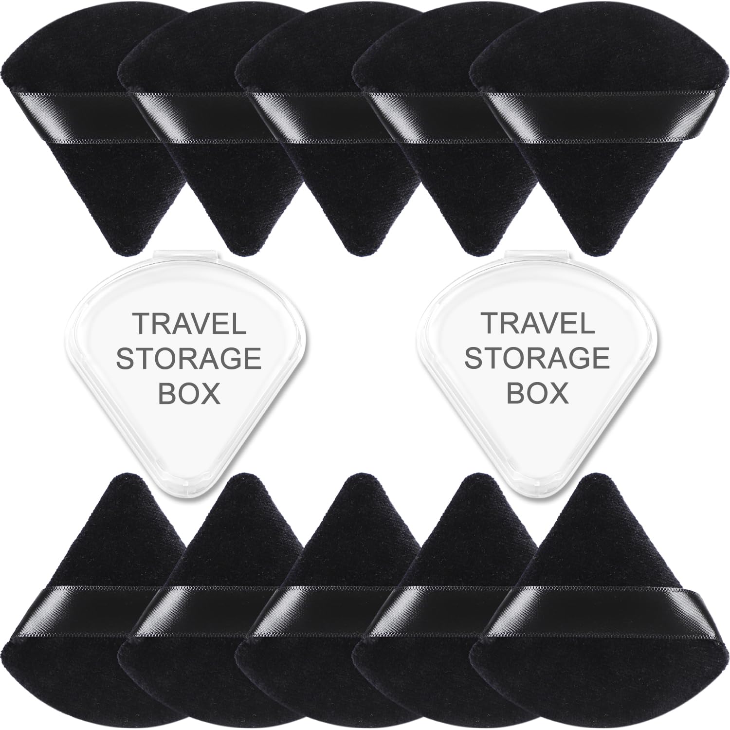 Yrarbil 10 Pieces Triangle Powder Puff, Soft Velour Puff Face Makeup Puff for Loose/Body/Mineral Powder, Wet and Dry Dual-use, with Travel Storage Box (Black)