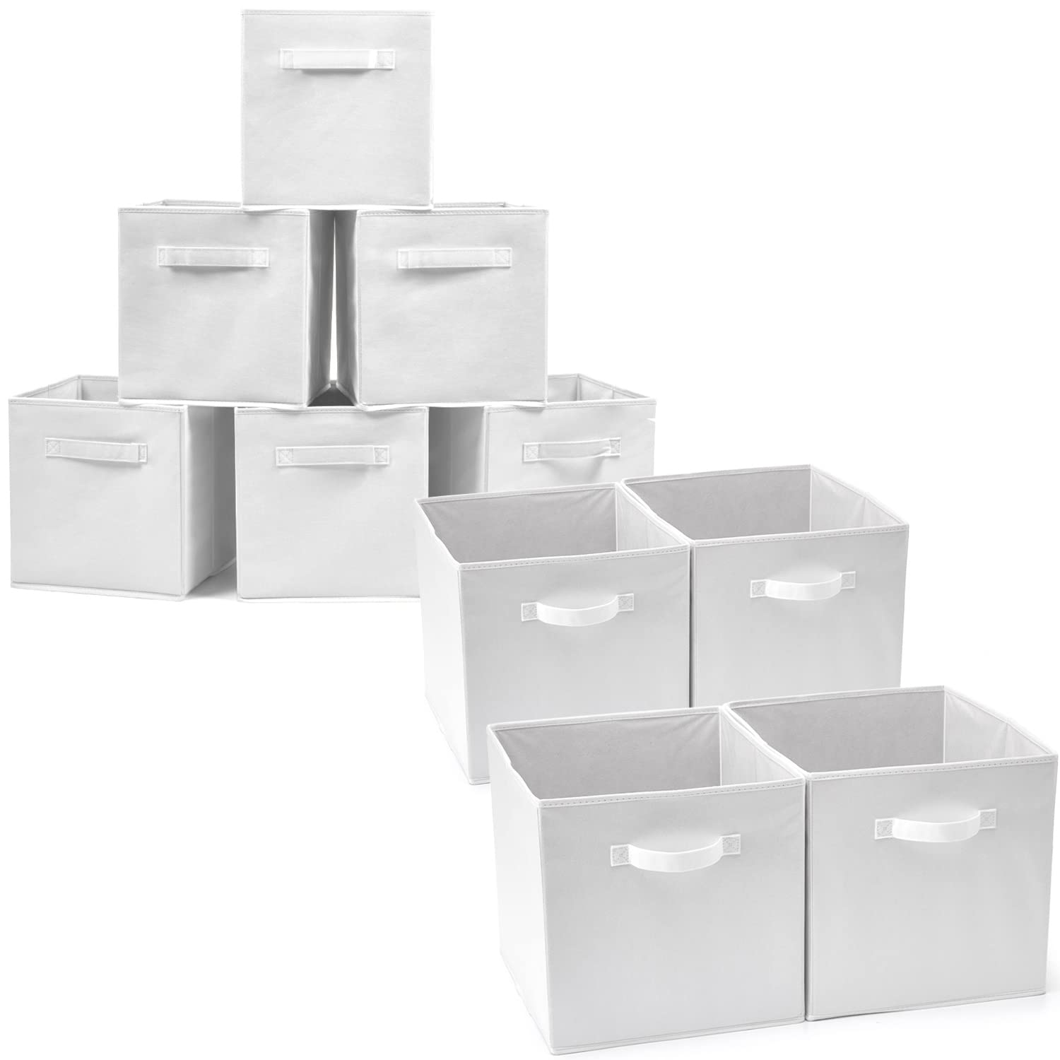 EZOWare Set of 10 Fabric Basket Bins, White Collapsible Organizer Storage Cube with Handles for Home, Bedroom, Baby Nursery, Kids Playroom - 13"x15"x13" + 10.5"x 10.5"x 11"