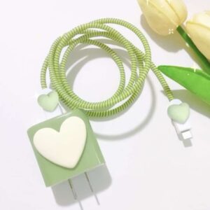 Cute Green 3D Heart Cable Protector for iPhone Charger Cover MazaniParis Heart Unique Design for Phone Charger Cover Wire Saver for iPhone 14 13 12